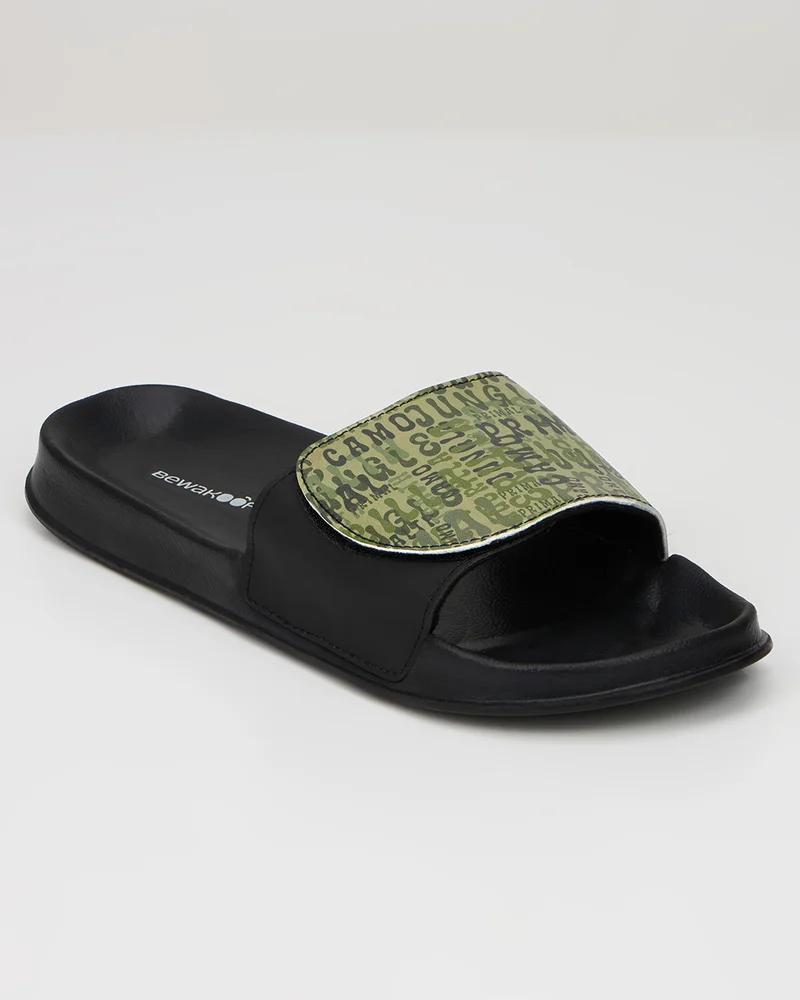 bewakoof Men's Black Guerilla Camo Printed Velcro Sliders